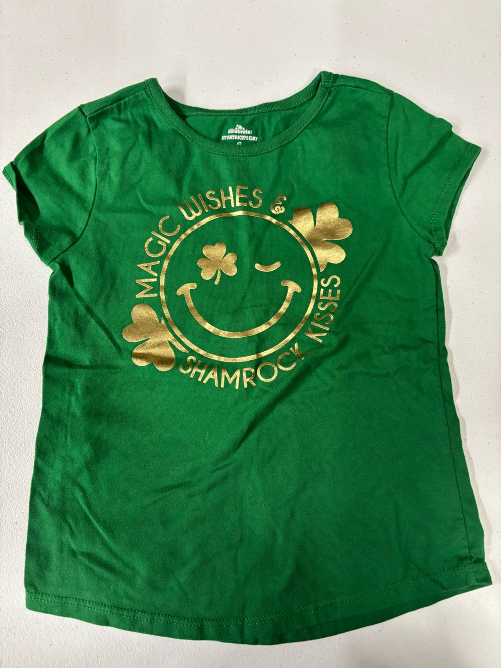Girls' Green Shamrock Smile Short Sleeve Tee with Gold Print